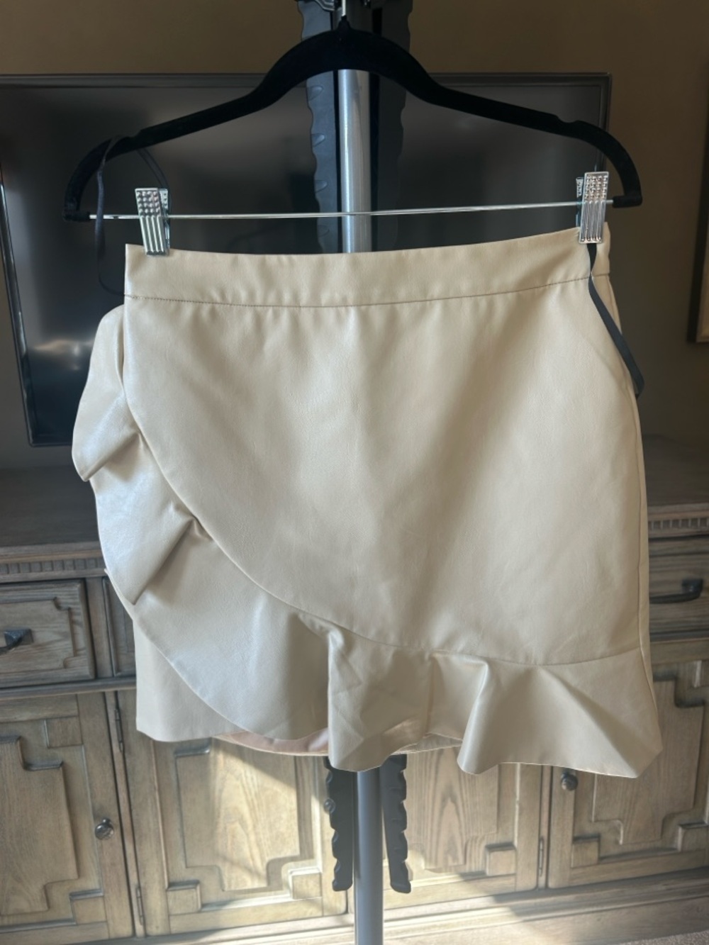 MAJORELLE Cream Faux Leather Ruffle Mini Skirt